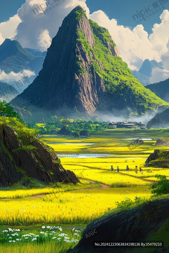 群山风景金色稻田