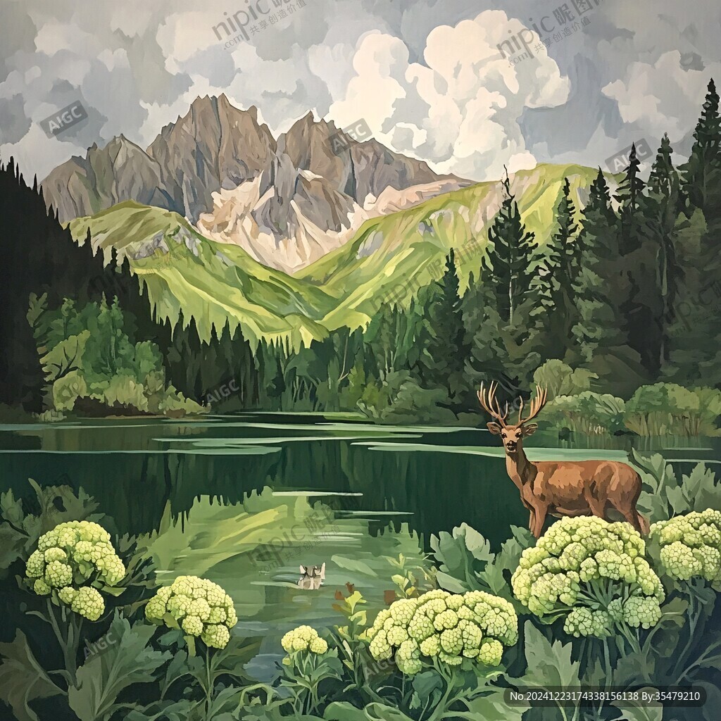 山湖插画