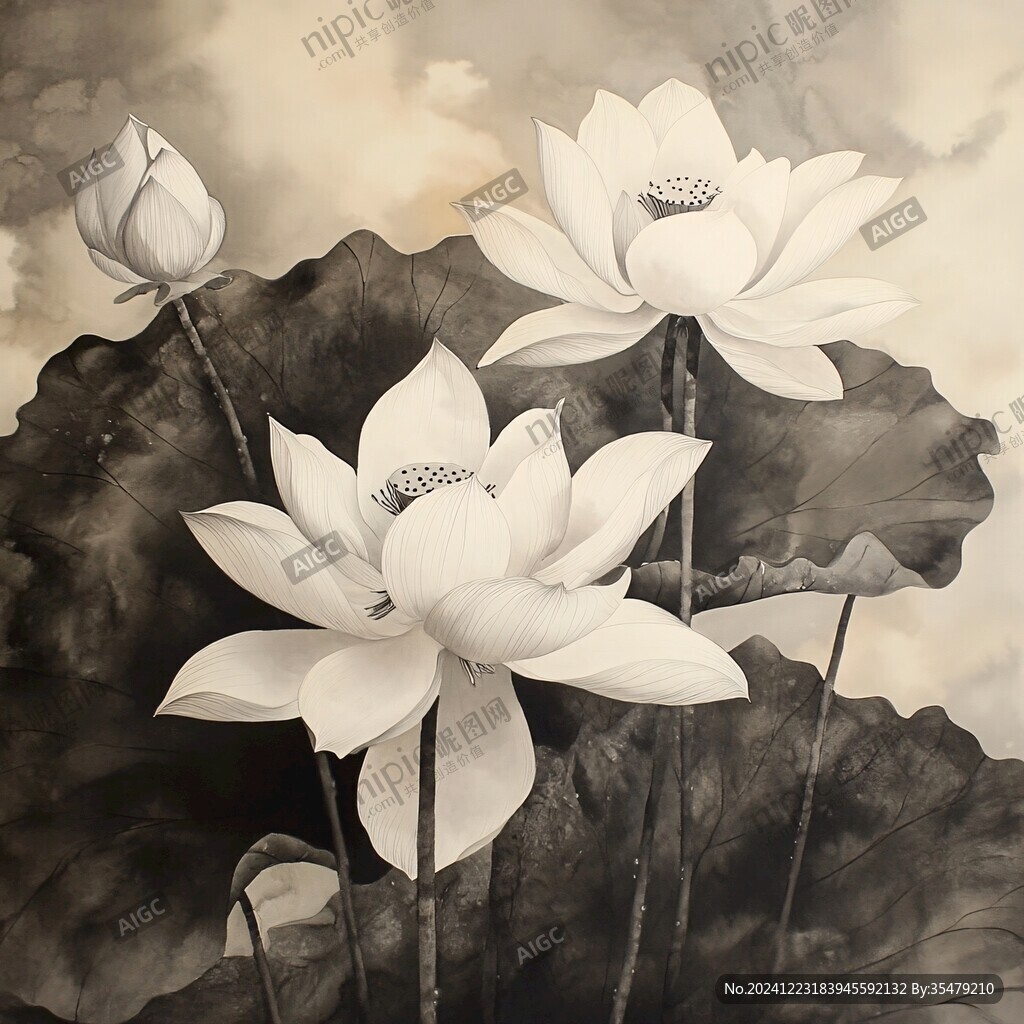 白色荷花壁画