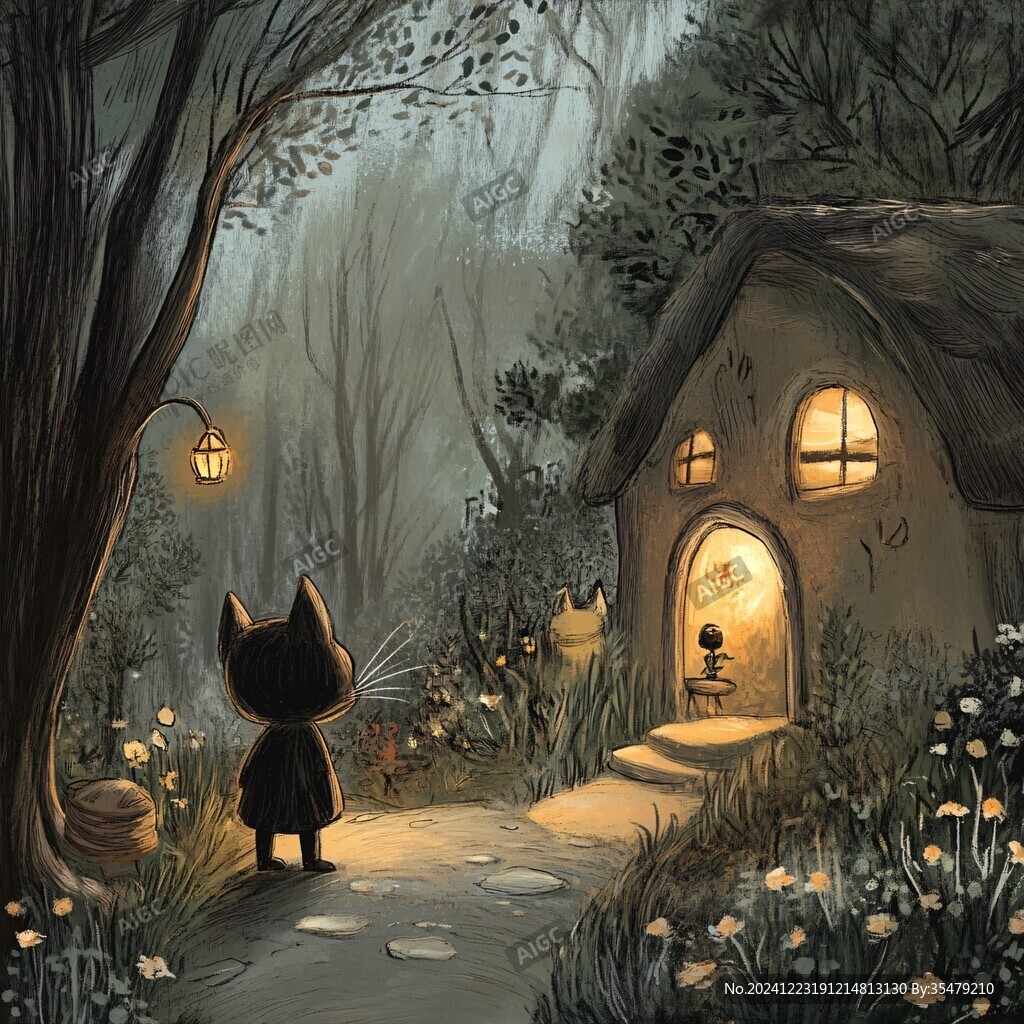 夜晚猫咪插画