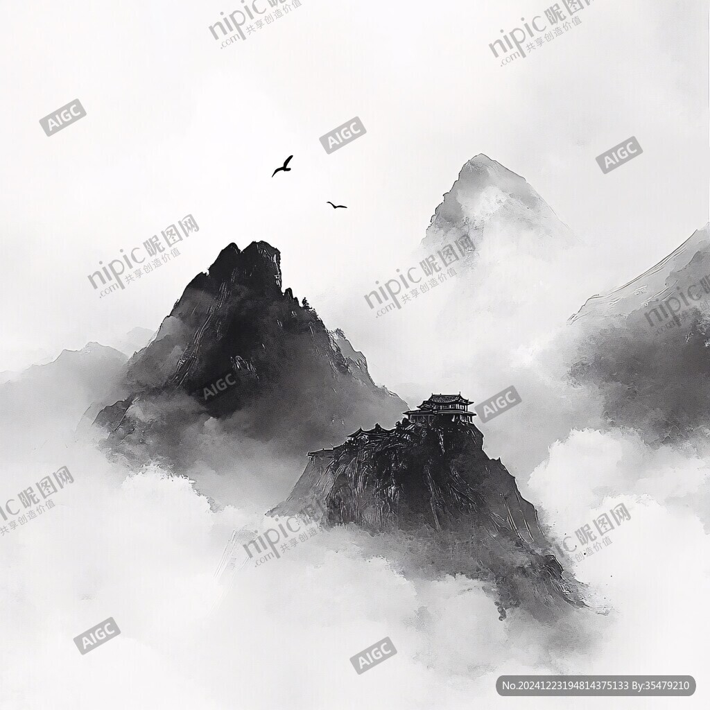 水墨山景飞鸽