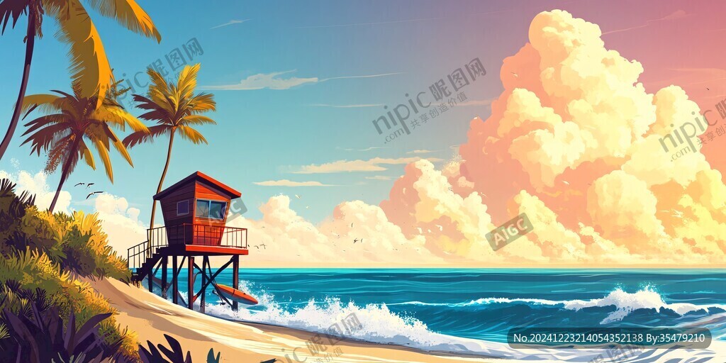 唯美海岸风景插画
