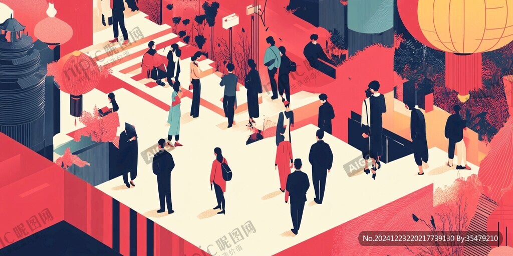 街道上熙熙攘攘的人群插画