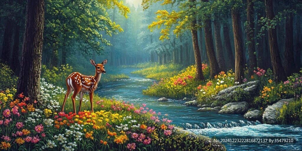 山峰山水画油画梅花鹿