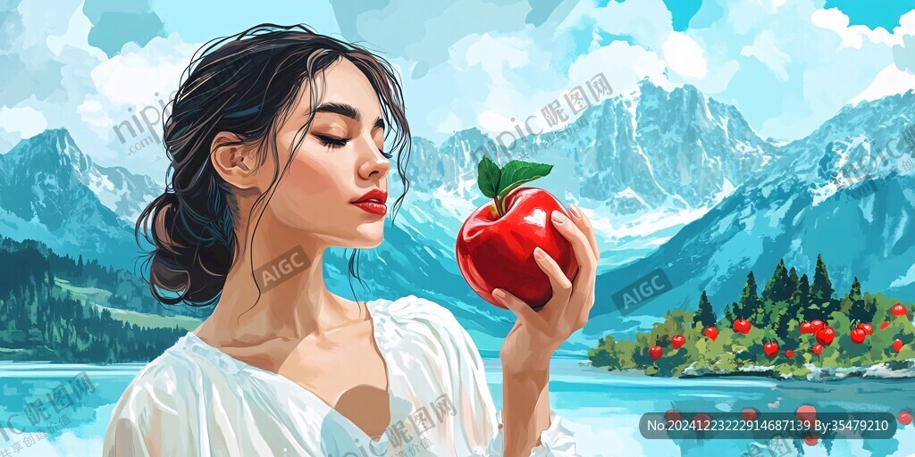苹果水果插画女孩