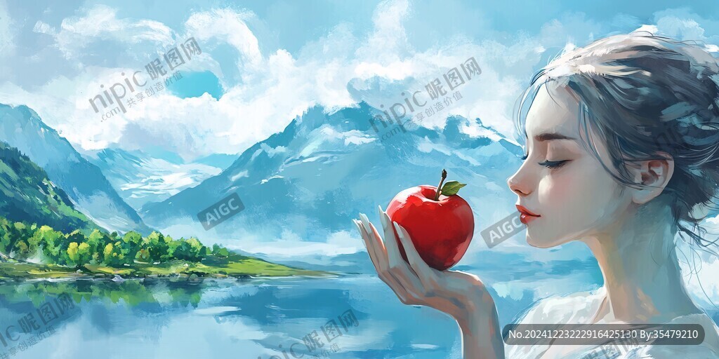 手绘座在苹果上的姑娘