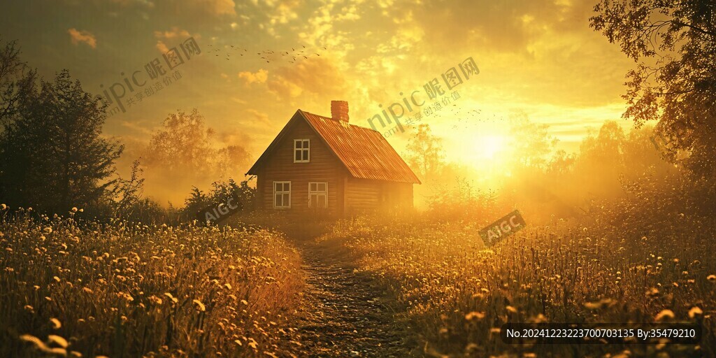 晚霞中草地木屋