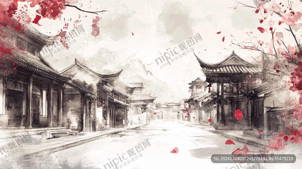 水墨花伞街景