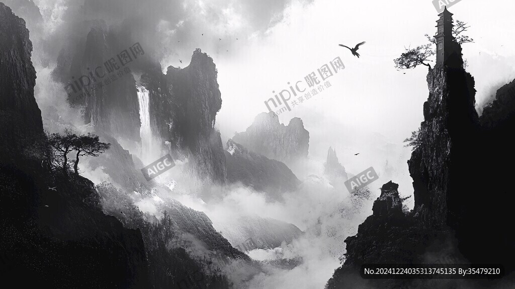 墨韵禅意山峰云雾风景