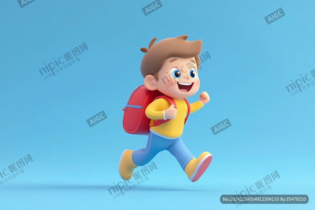 背着书包奔跑的小男孩