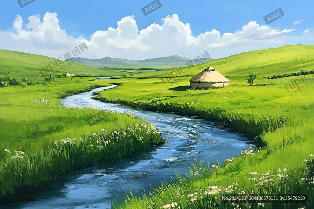 夏季草原河流蒙古包