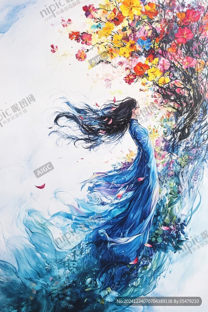 凤求凰水彩意境插画