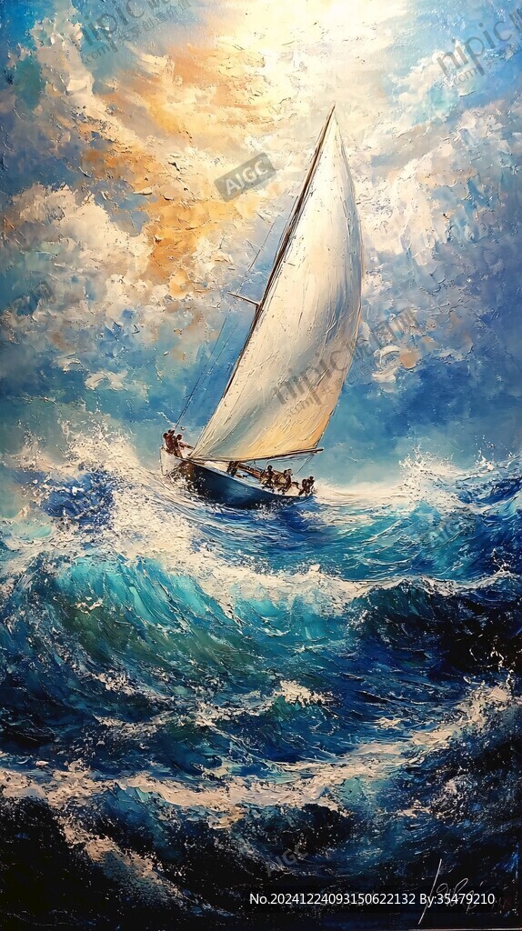 扬帆踏浪油画