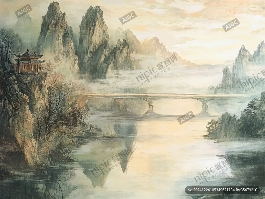 横店彩绘山水水墨画