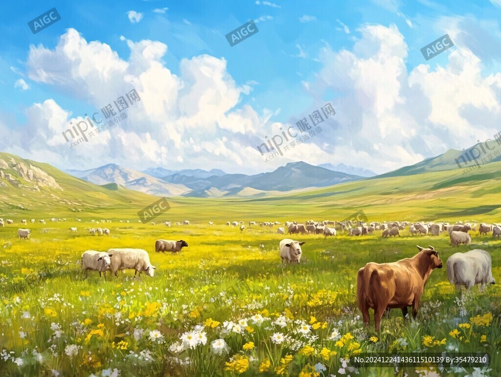 草原羊群插画