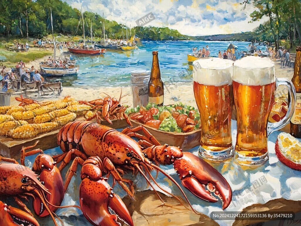 龙虾插画啤酒插画