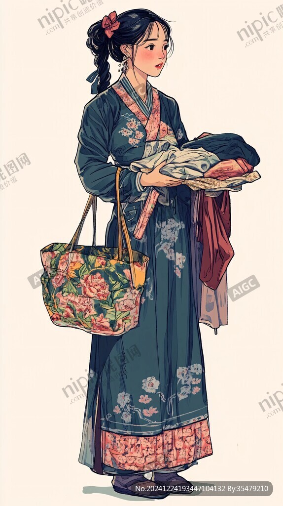 挎竹篮的女人插画