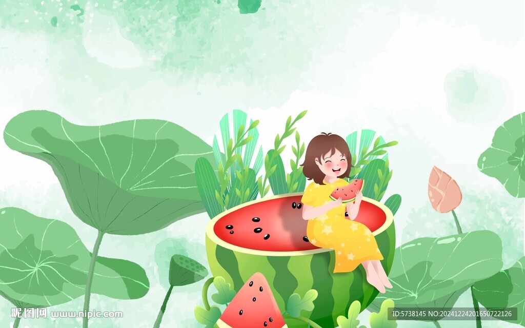 卡通插画荷叶西瓜装饰画素材背景