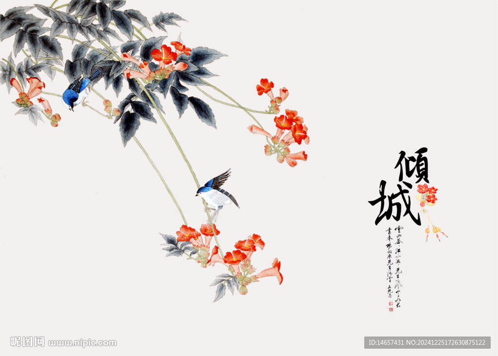 复古素材工笔画梅花画船山鸟秋实
