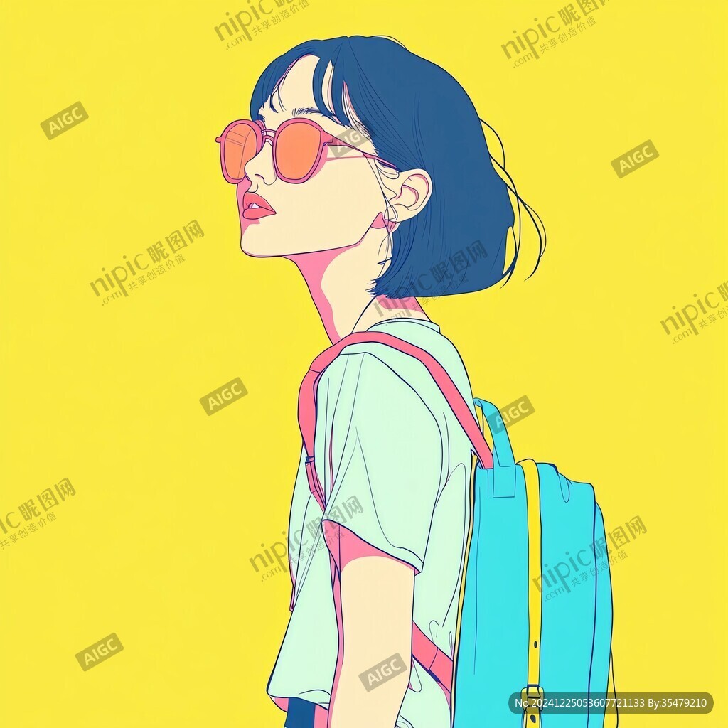 插画人物戴眼镜女孩
