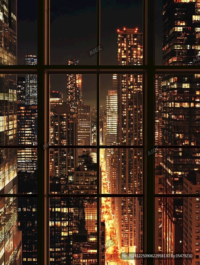 透过窗户看城市夜景