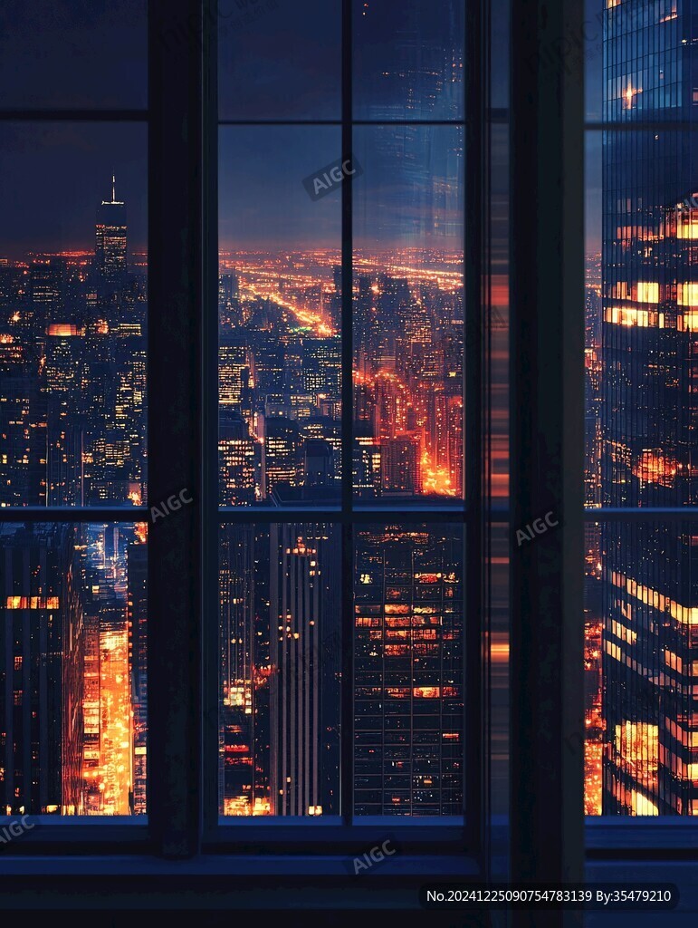 透过窗户看城市夜景
