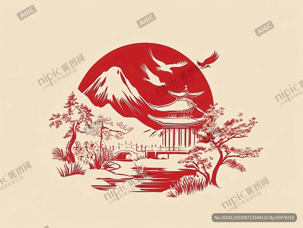 仙鹤楼阁复古瑞鹤图