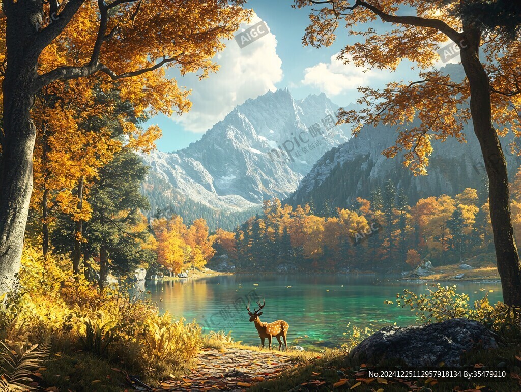 山峰山水画油画梅花鹿