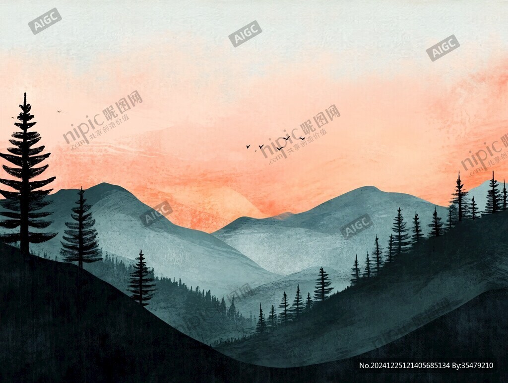 黄昏远山插画