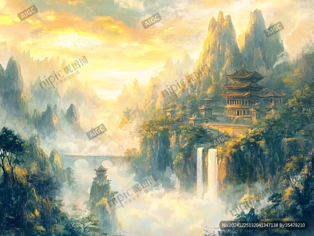 天界晓钟风景插画