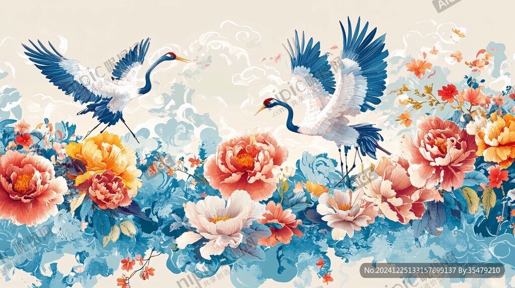 牡丹花仙鹤