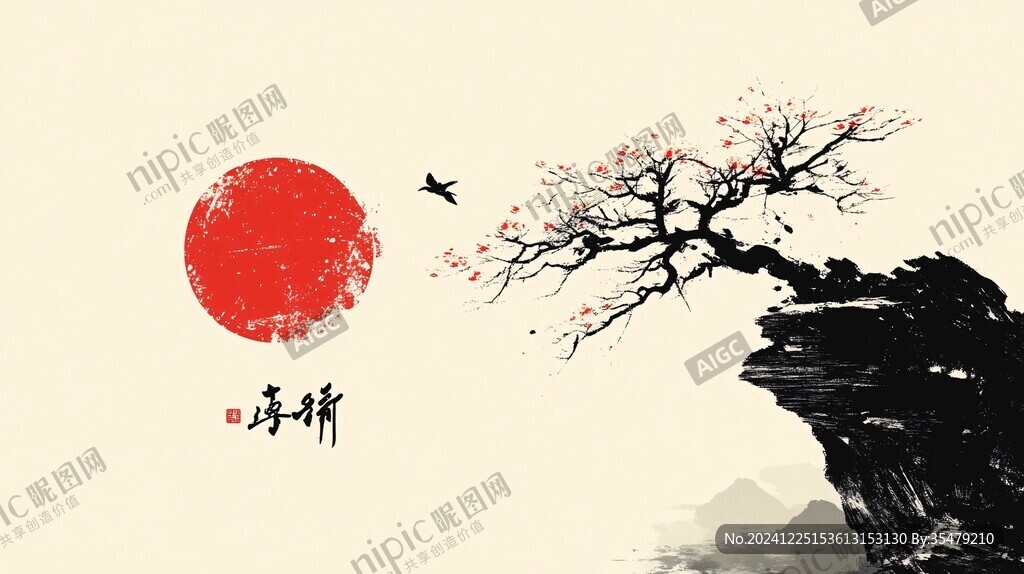梅花仙鹤旭日东升