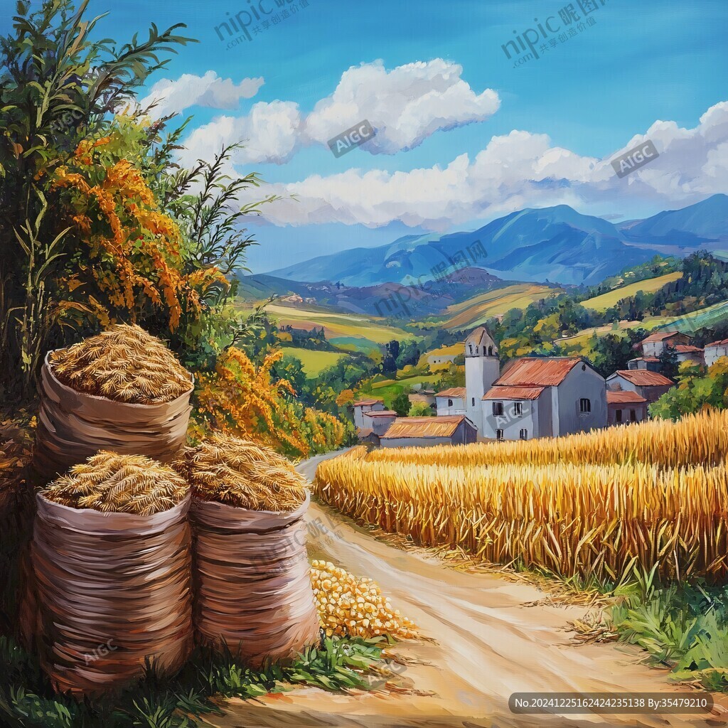 麦田丰收风情油画