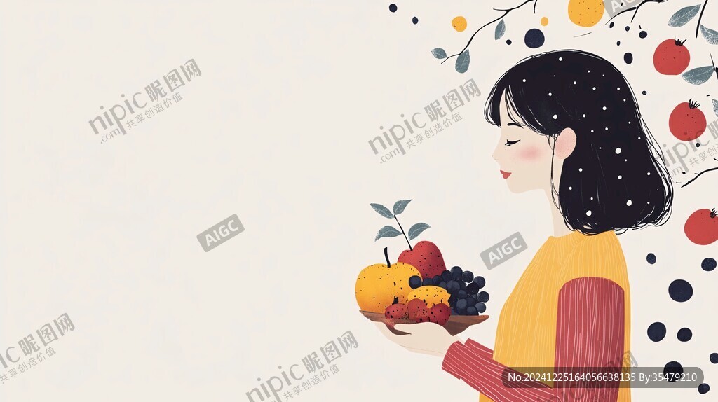 女孩抱草莓插画