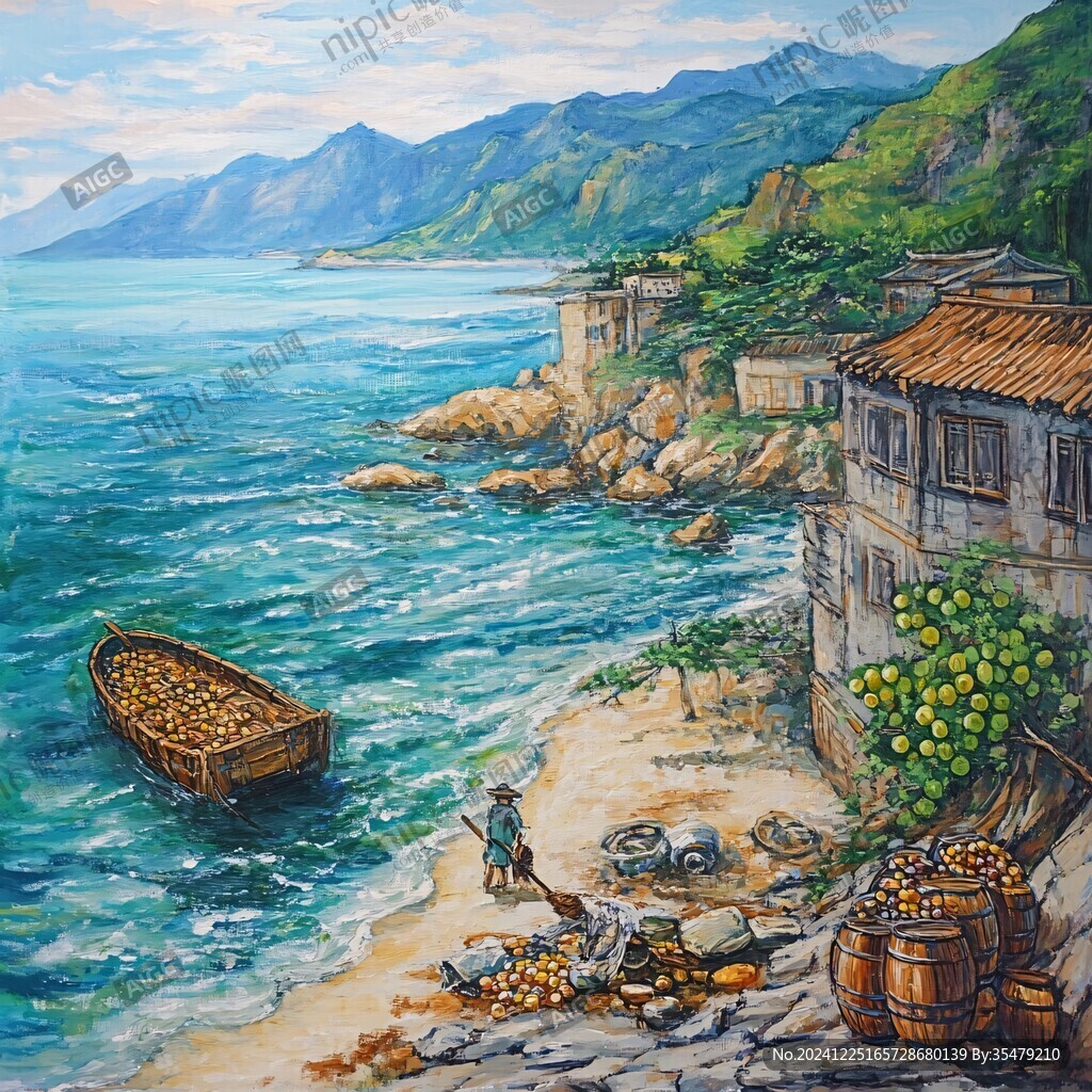 海边小村油画素材