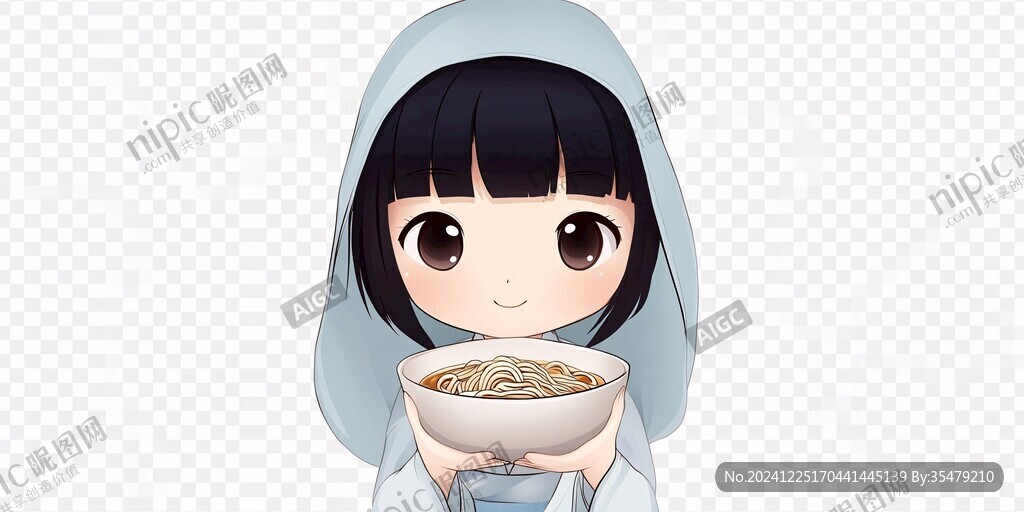 卡通小女孩吃粉条面条