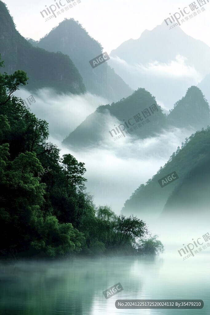 山雾朦胧山水之间