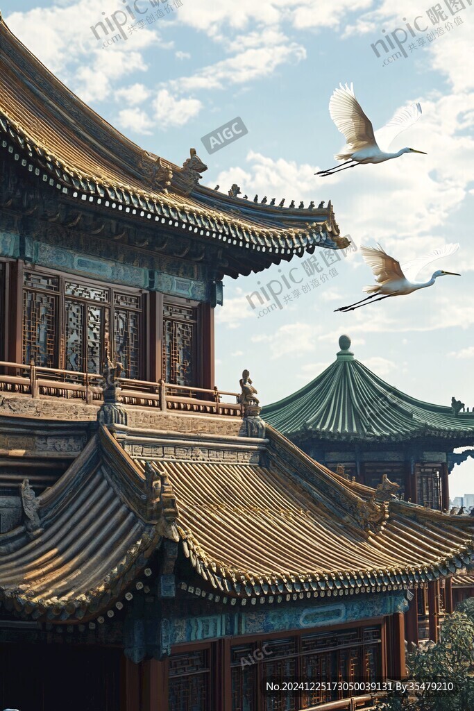 楼角宫墙仙鹤