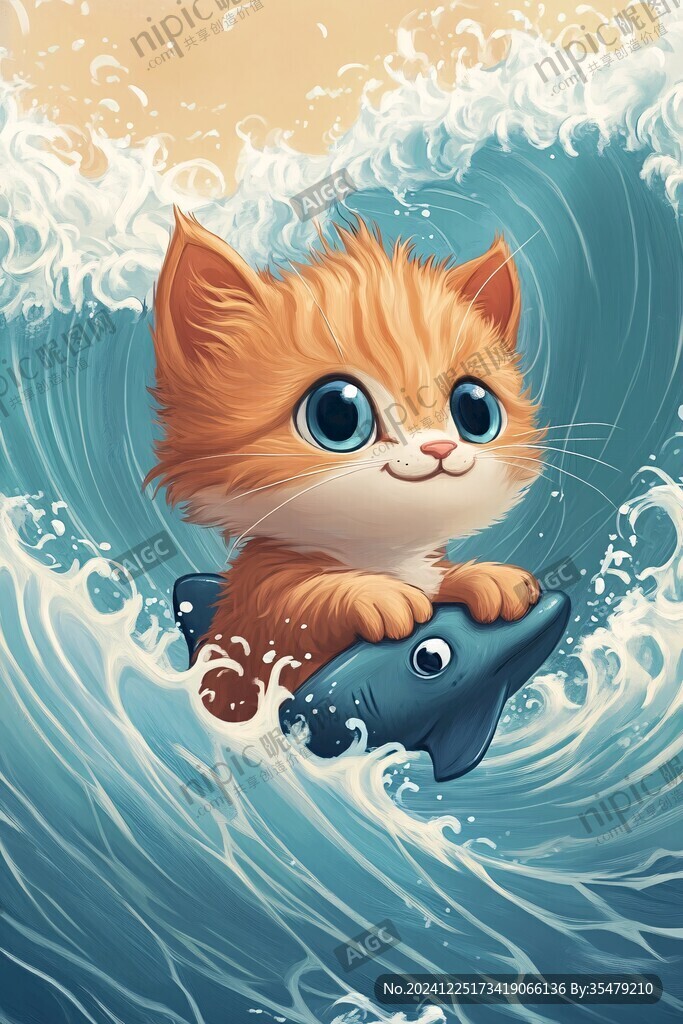猫咪抱鱼插画