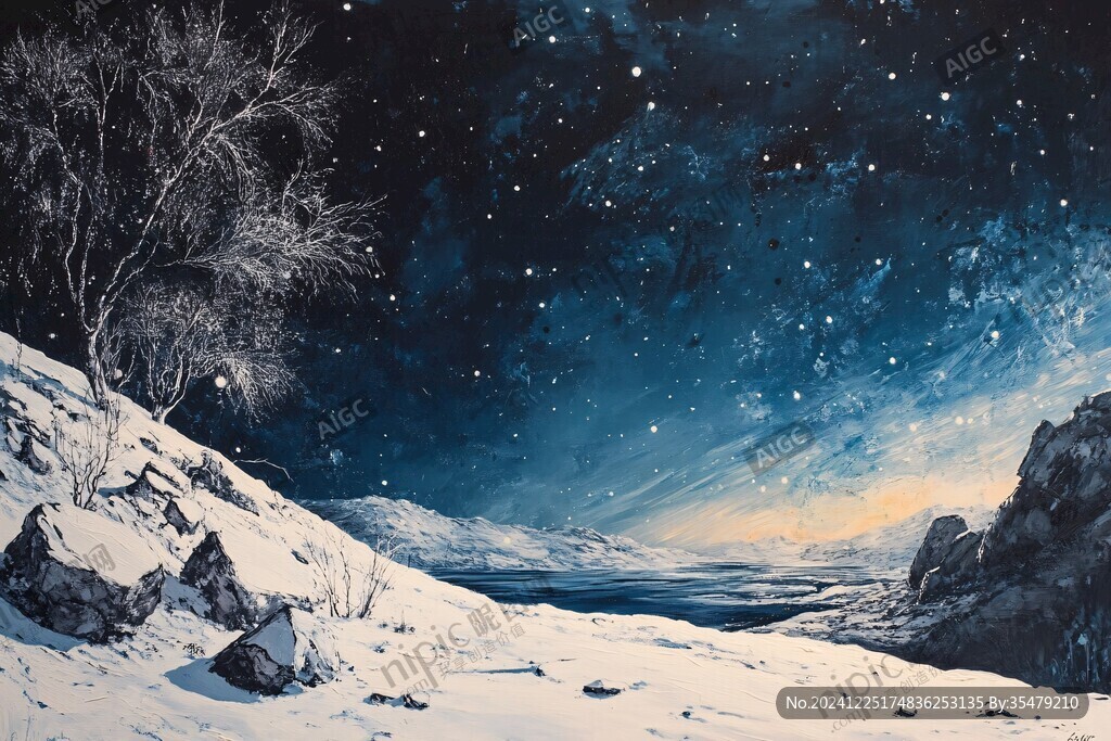 手绘雪夜风景无框画