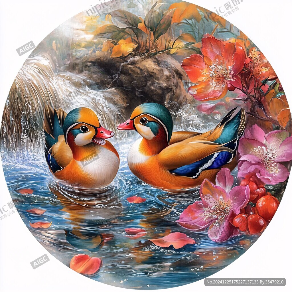 移门工笔画冰晶画鸳鸯