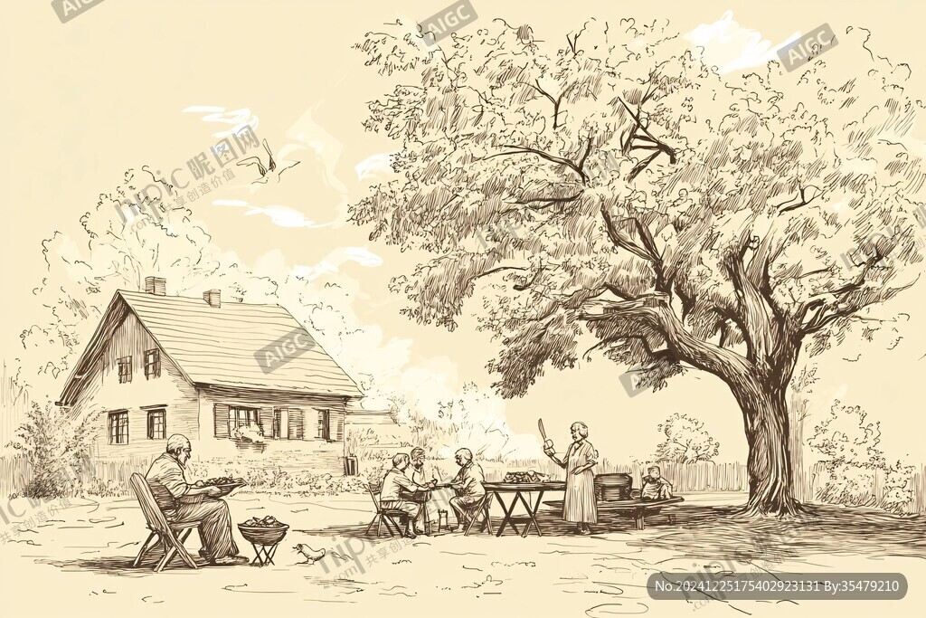 线描乡村场景