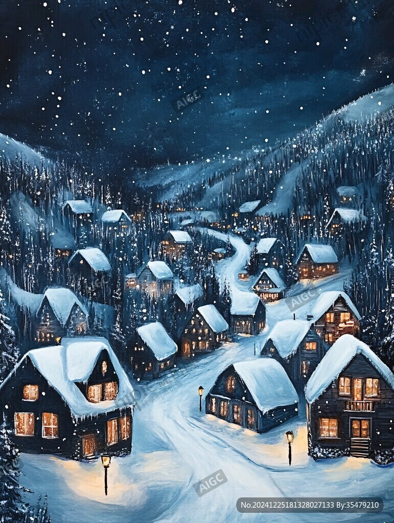 手绘雪夜风景无框画