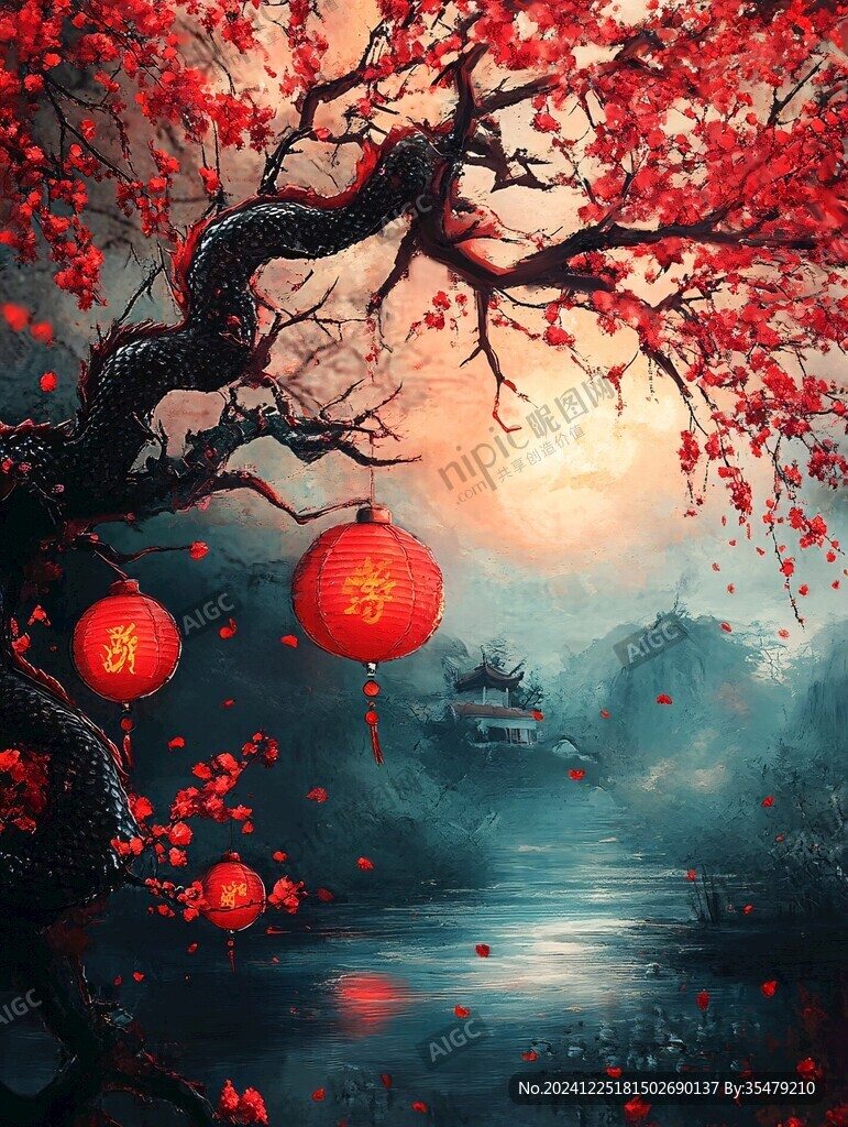 意境大树红灯笼