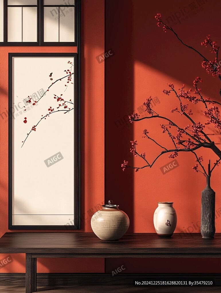 工笔手绘红墙梅花