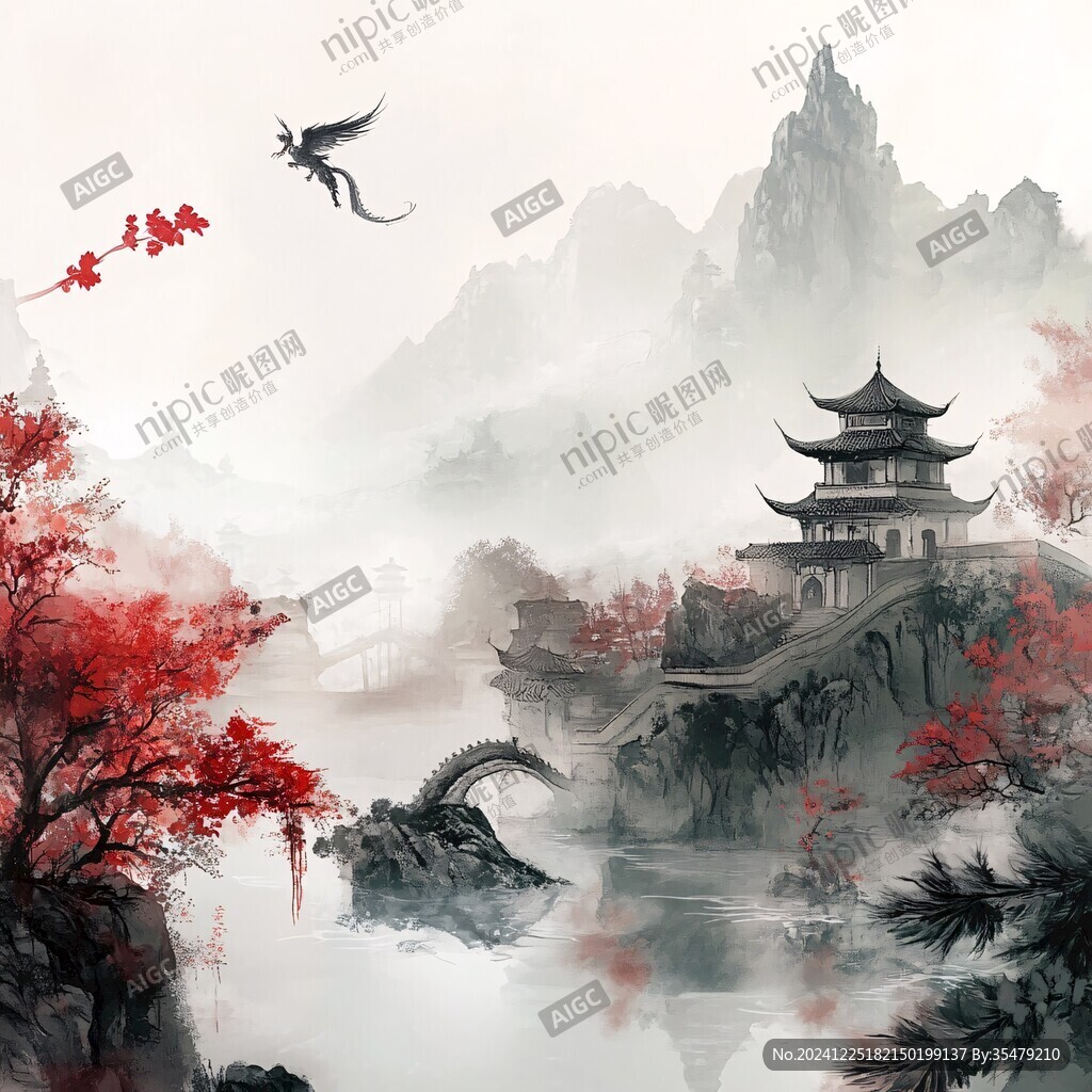 仙鹤楼阁古风山水画