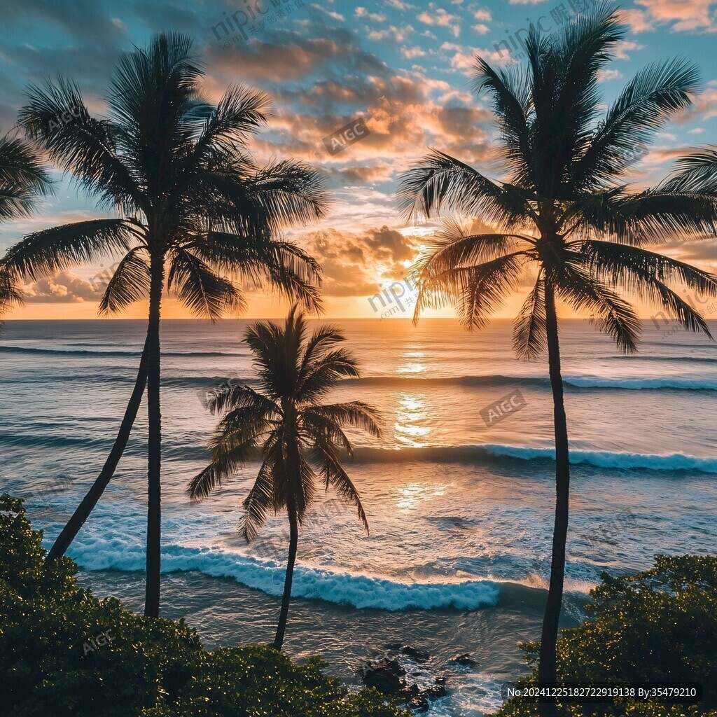 蓝天晚霞大海椰树
