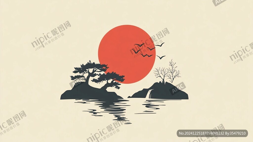 仙鹤海浪旭日东升