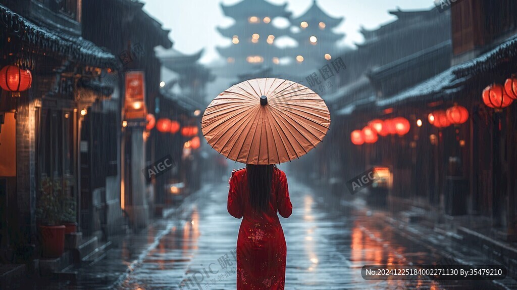 撑伞红衣背影