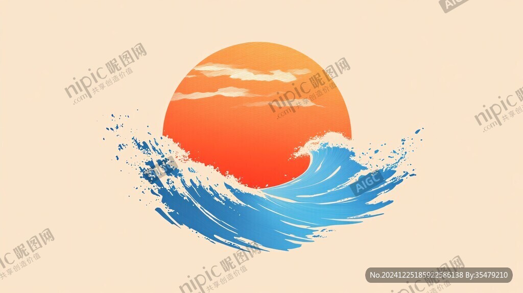 手绘海浪旭日东升